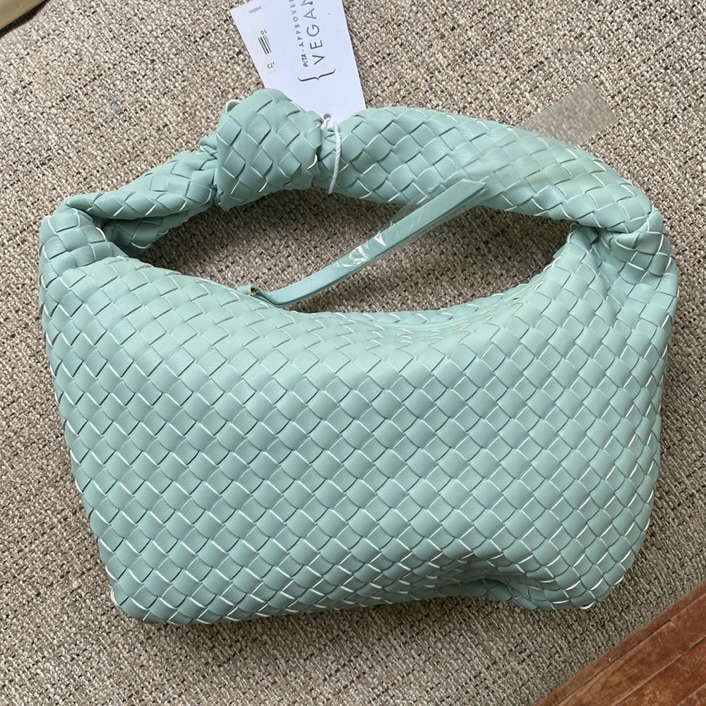 Woven seafoam green vegan leather bag